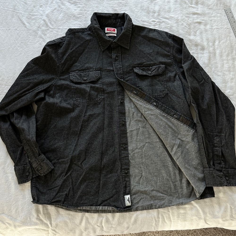 Wrangler Button Down Shirt Mens 2XL Black Denim Stretch Flex Comfort Long Sleeve